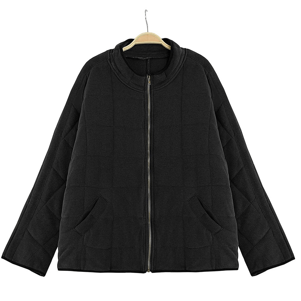 Women's black loose warm stand collar jacket with zipper closure and pockets, perfect for chilly winter days. Model: SF1618