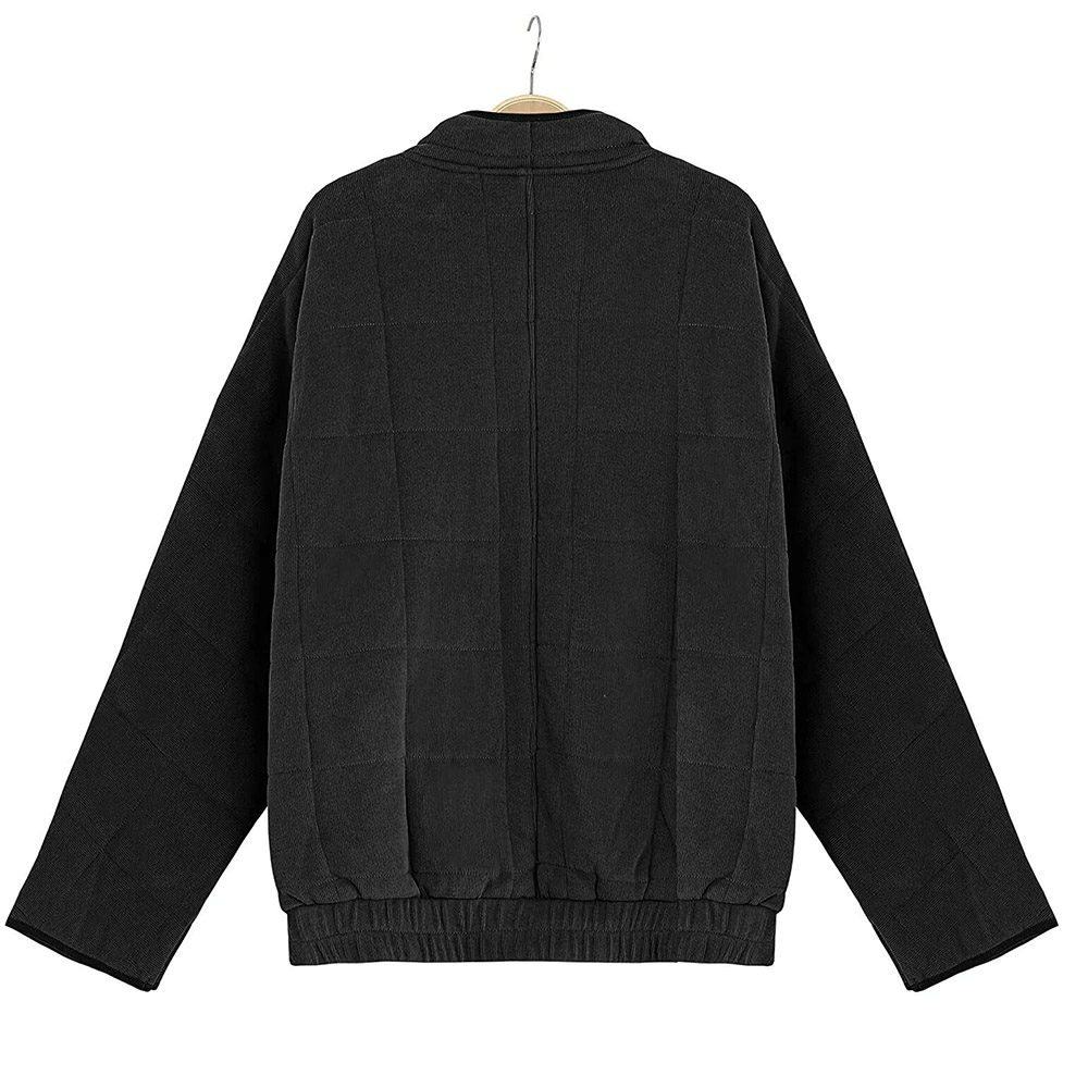 Back view of black women's loose warm stand collar jacket with zipper, featuring full sleeves and stylish pockets, perfect for winter.