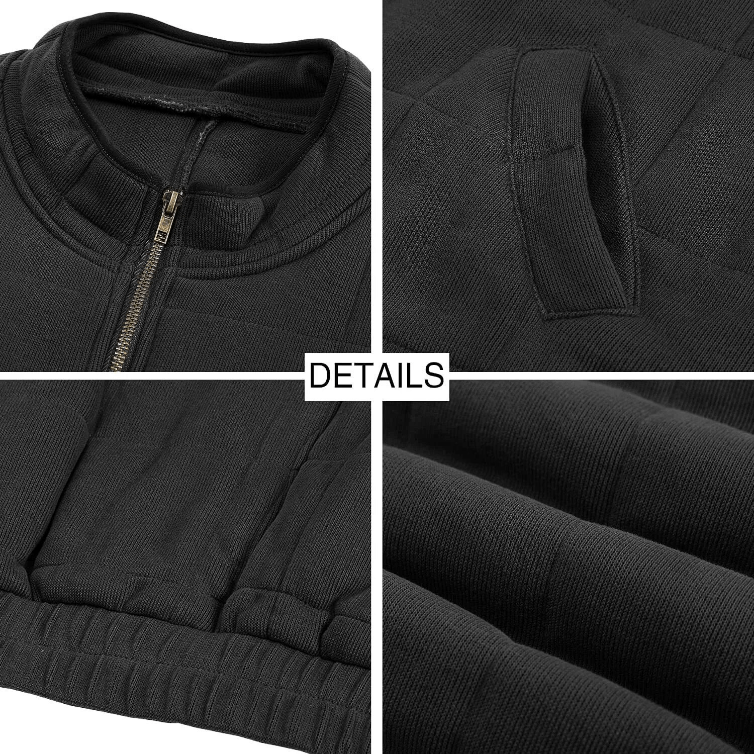 Close-up details of women's black stand collar jacket with zipper and pockets, featuring a warm, loose design made from polyester.