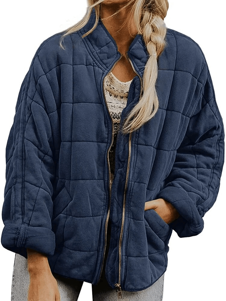 Women's navy loose stand collar jacket with zipper, cozy for winter. Features stylish pockets. SF1618.
