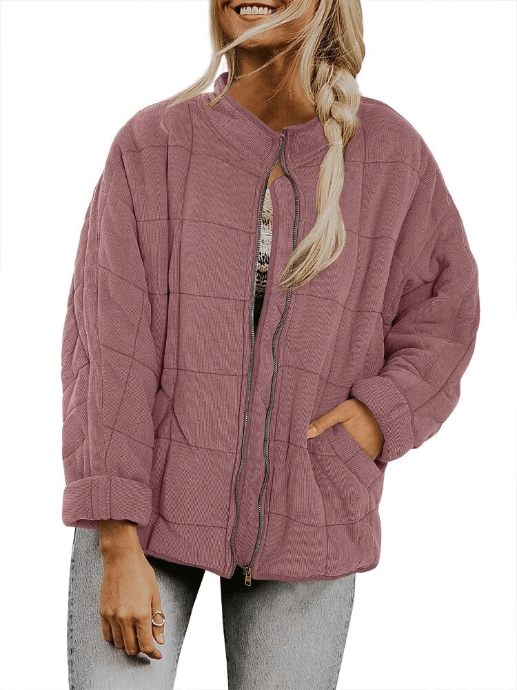 Women's loose warm stand collar jacket with zipper, SF1618, in soft pink, featuring cozy fit, full sleeves, and stylish pockets.