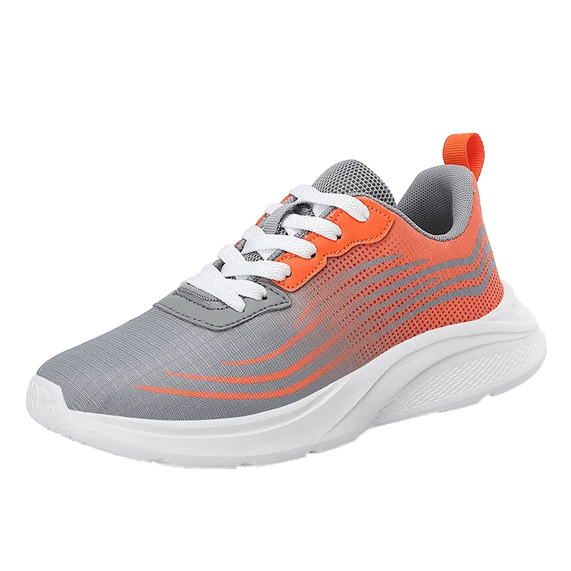 Women's mesh breathable flexible sneaker for sports, featuring gray and orange design, slip-on closure, and durable PVC outsole.