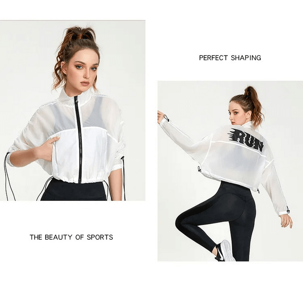 Woman modeling a stylish white athletic jacket with 'RUN' text on the back, perfect for sports and shaping.