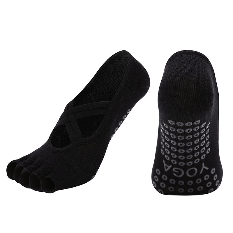 Black women's non-slip five-toe yoga socks with bandage design, breathable and anti-pilling for comfort during yoga practice.