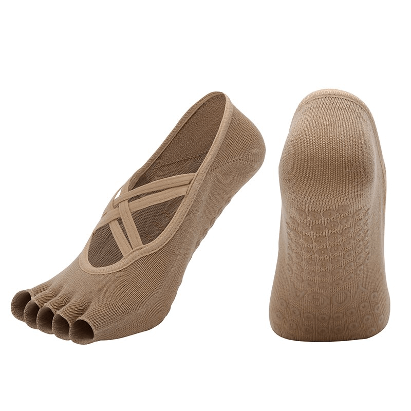Women's non-slip breathable five-toe yoga bandage socks SF1434, anti-pilling, elastic, cotton, beige, ideal for yoga practice.