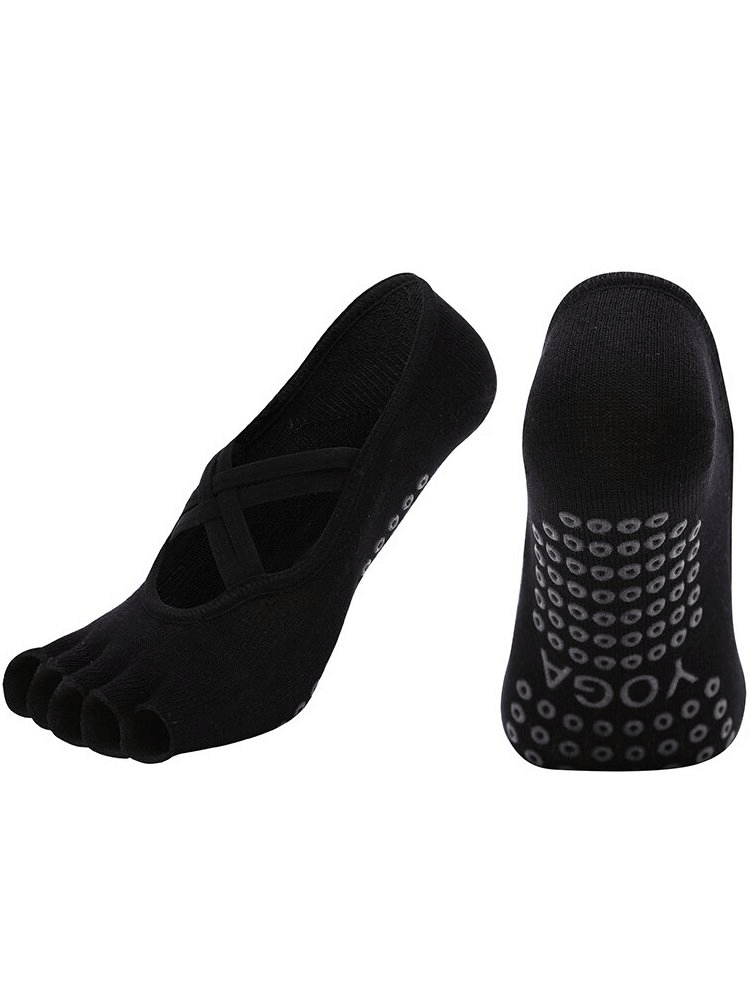 Black women's non-slip breathable five-toe yoga bandage socks, designed for comfort and grip during yoga practice, featuring cross-band design.
