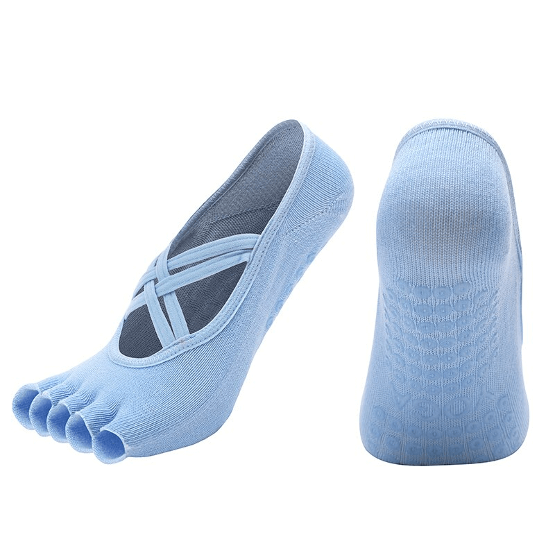 Light blue women's non-slip breathable five-toe yoga socks with bandage design, ideal for comfort and grip during yoga.