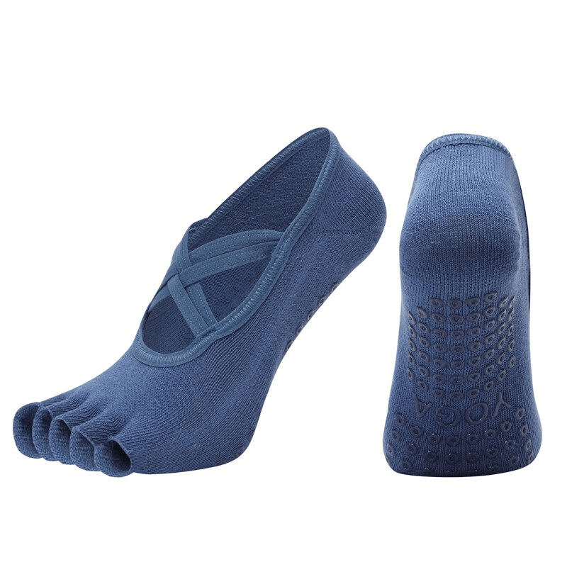Blue non-slip five-toe yoga socks for women with bandage design, breathable cotton, perfect for yoga practice. Model SF1434.