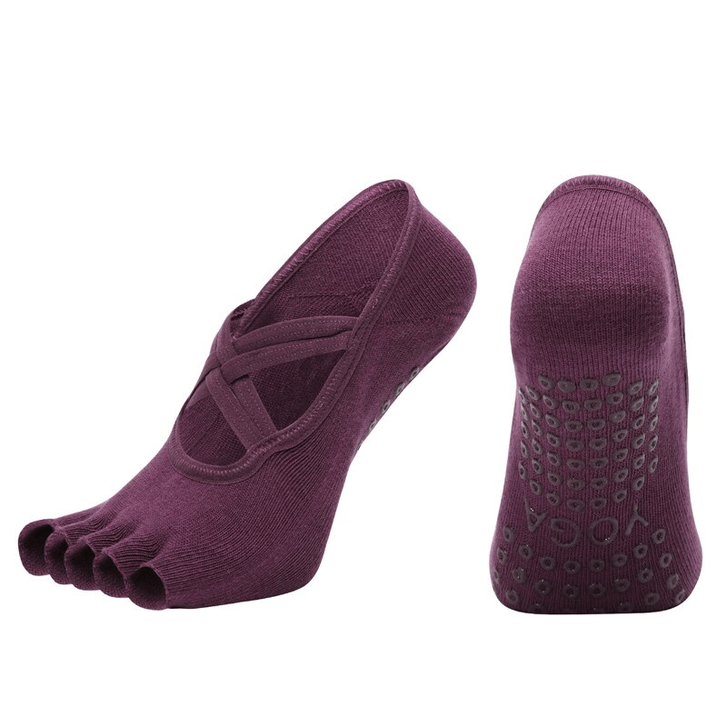 Purple women's non-slip breathable five-toe yoga bandage socks with anti-slip grip, perfect for female yogis, product code SF1434.