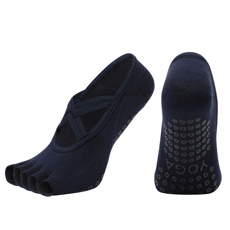 Women's Non-Slip Breathable Five-Toe Yoga Bandage Socks in navy, featuring anti-slip grip, ideal for yoga practice.