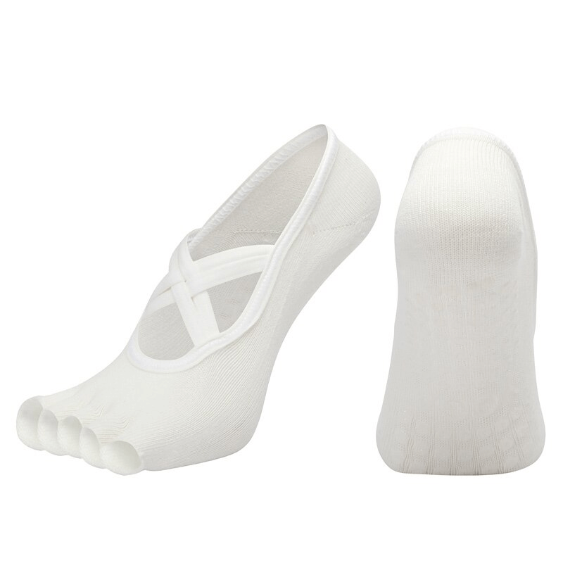 Women's non-slip breathable five-toe yoga bandage socks in white, showing anti-pilling, elastic design perfect for yoga enthusiasts.