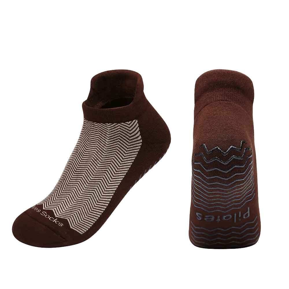 Women's non-slip breathable Pilates socks in brown with zig-zag pattern, designed for yoga, ballet, dance, and fitness activities.