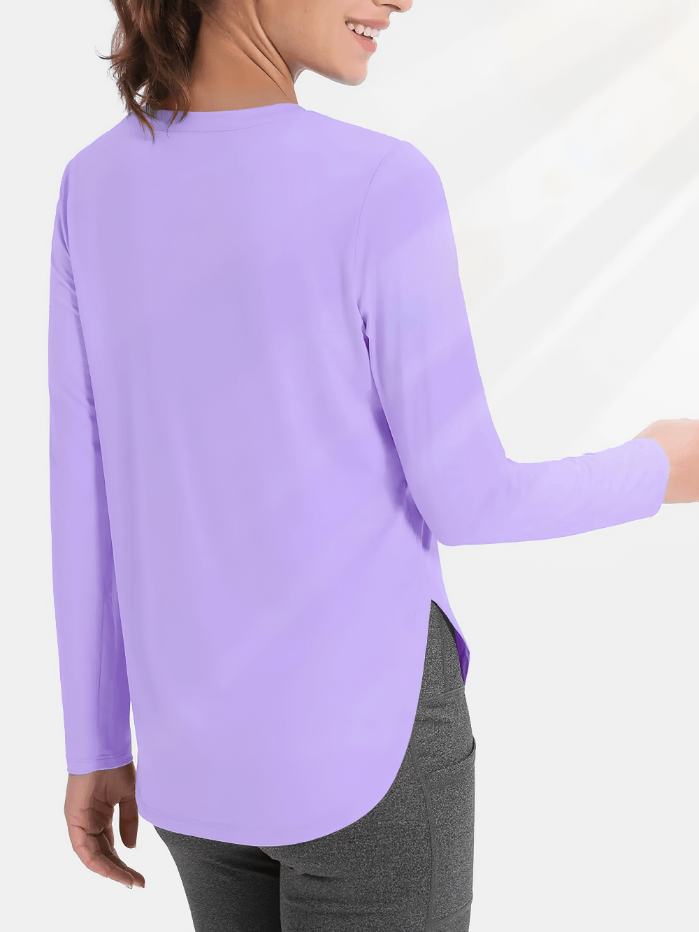 Alt Tag: Women's O-Neck UV Protection Outdoor Running Top - SF4480 lavender long-sleeve O-neck top with curved hem and side slits