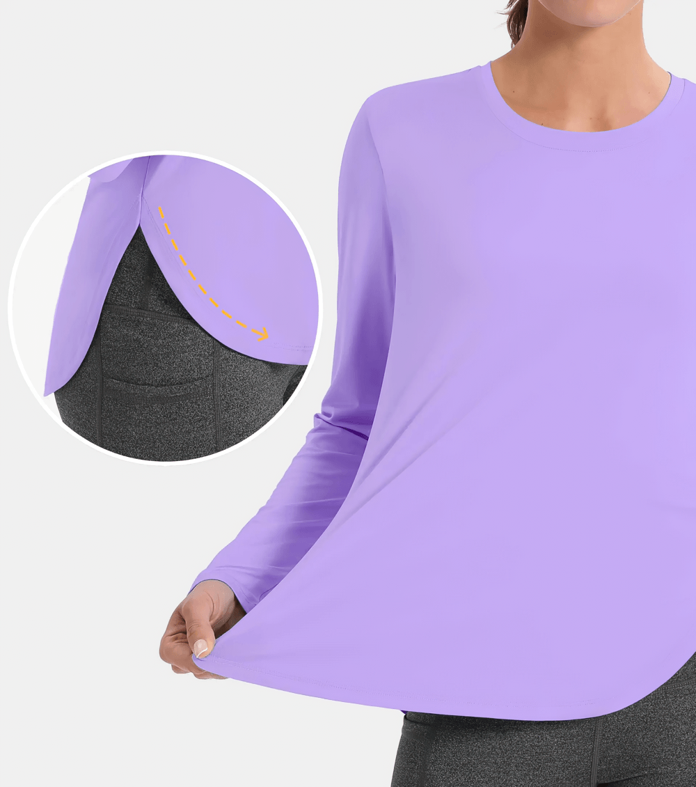 Alt Tag: Women's O-Neck UV Protection Outdoor Running Top - SF4480 purple long sleeve with curved hem and side slits