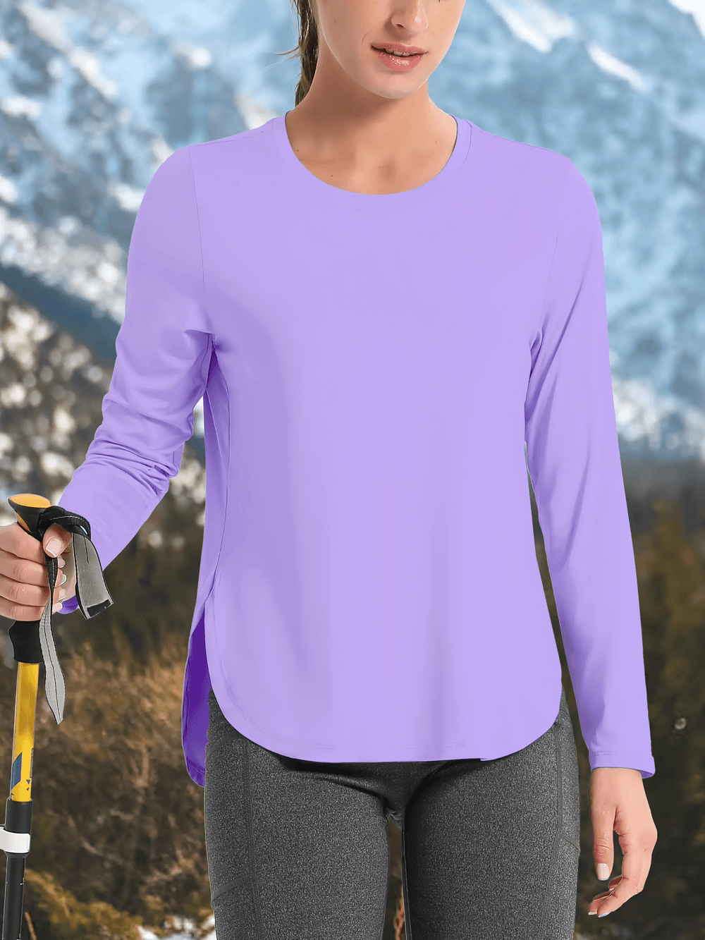 Alt Tag: Women's O-Neck UV Protection Outdoor Running Top - SF4480 lavender long-sleeve O-neck hiking running shirt with curved hem