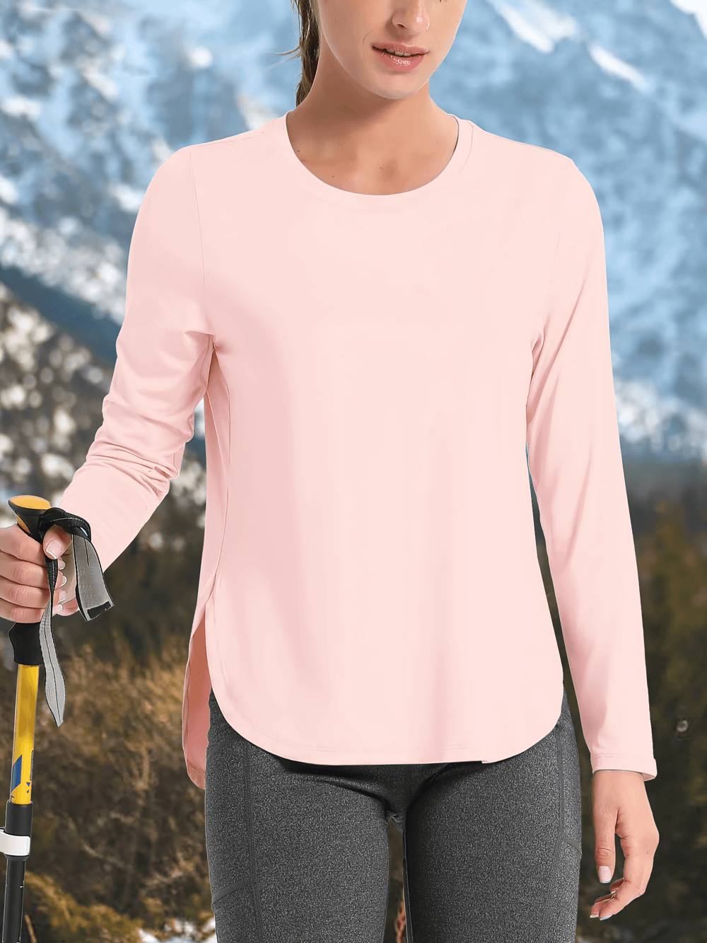 Alt Tag: Women's O-Neck UV Protection Outdoor Running Top - SF4480 pink long-sleeve O-neck hiking running shirt with side slits