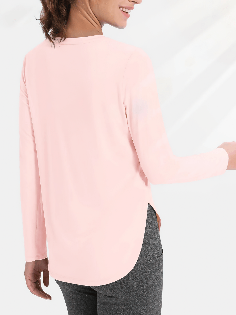 Alt Tag: Women's O-Neck UV Protection Outdoor Running Top - SF4480 pink long-sleeve back view, curved hem with side slits, lightweight outdoors