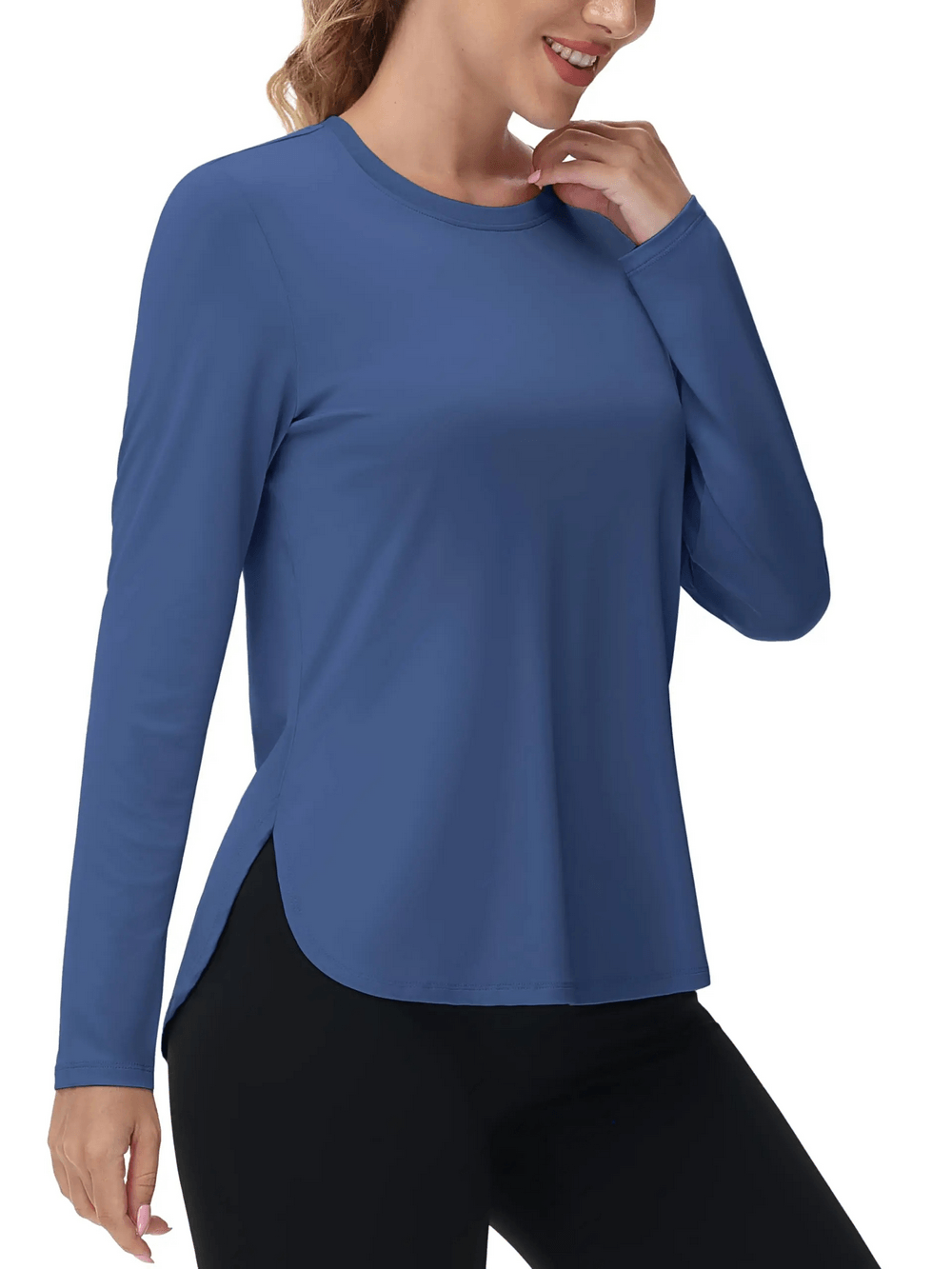 Alt Tag: Women's O-Neck UV Protection Outdoor Running Top - SF4480 blue long-sleeve O-neck athletic top with curved hem and side slits