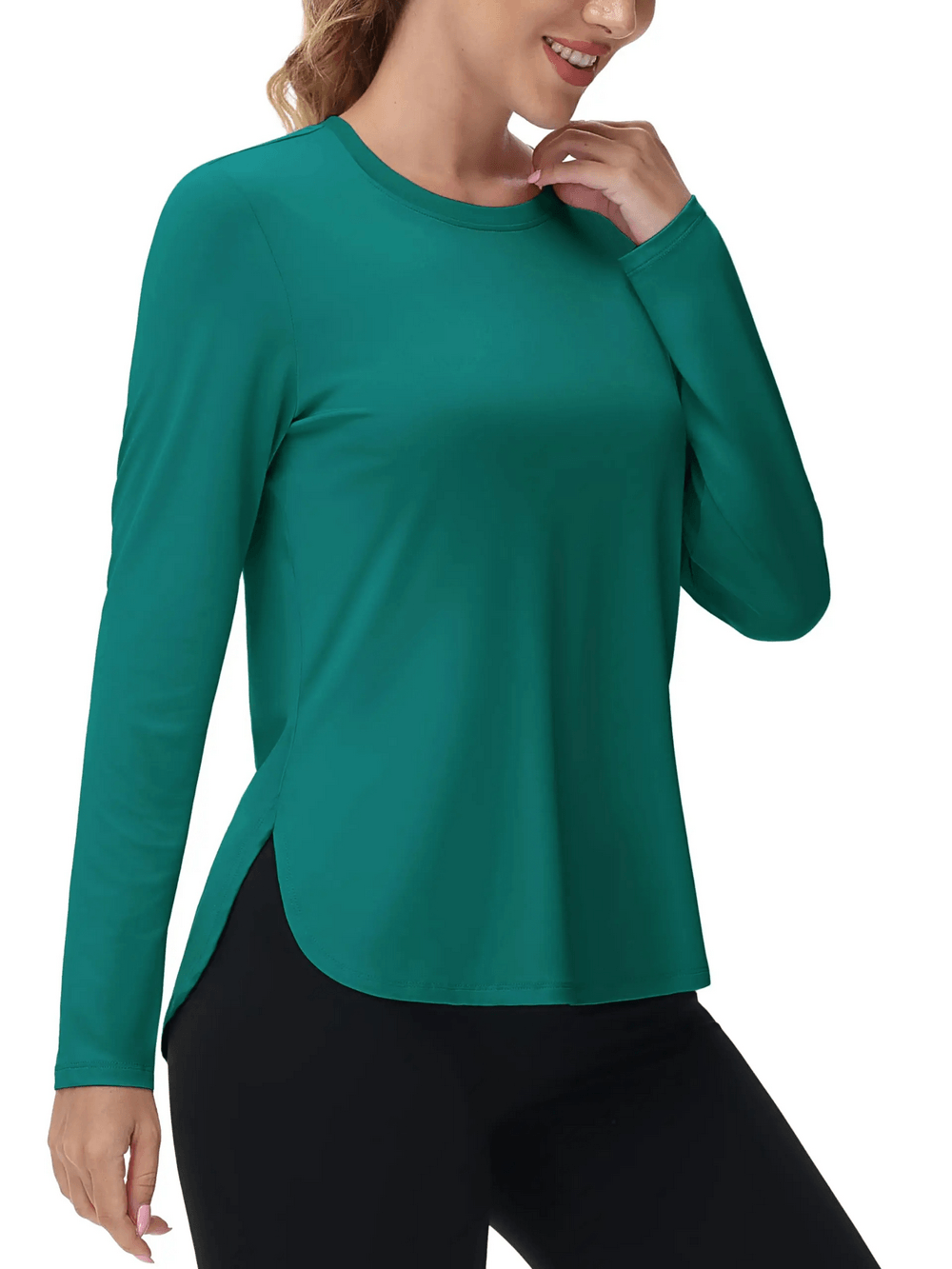 Alt Tag: Women's O-Neck UV Protection Outdoor Running Top - SF4480 teal long-sleeve O-neck athletic top with curved hem for hiking running
