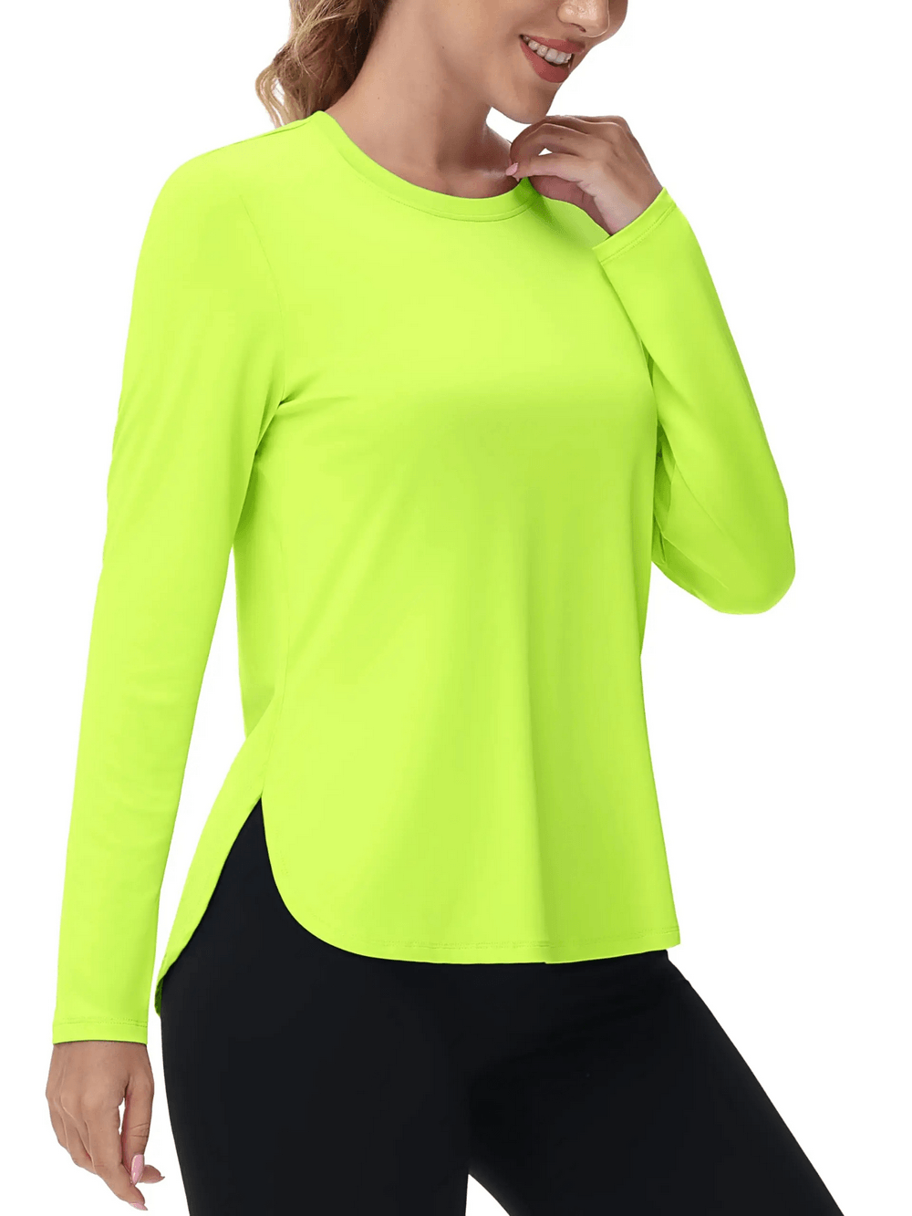 Alt Tag: Women's O-Neck UV Protection Outdoor Running Top - SF4480 neon green long-sleeve O-neck athletic top with curved hem