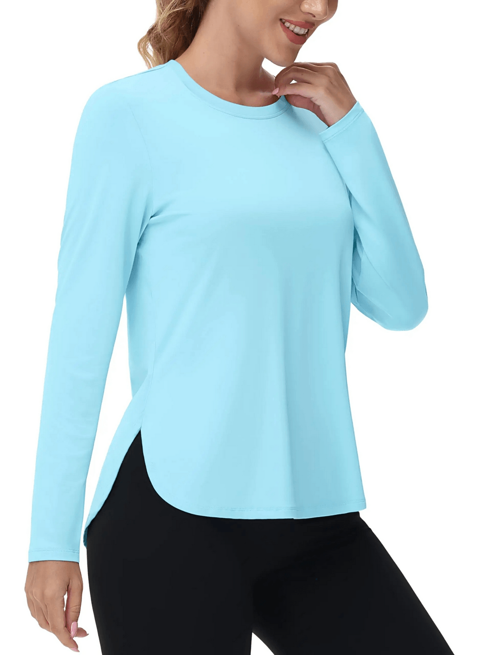 Alt Tag: Women's O-Neck UV Protection Outdoor Running Top - SF4480 light blue long sleeve O-neck athletic top with curved hem and side slits