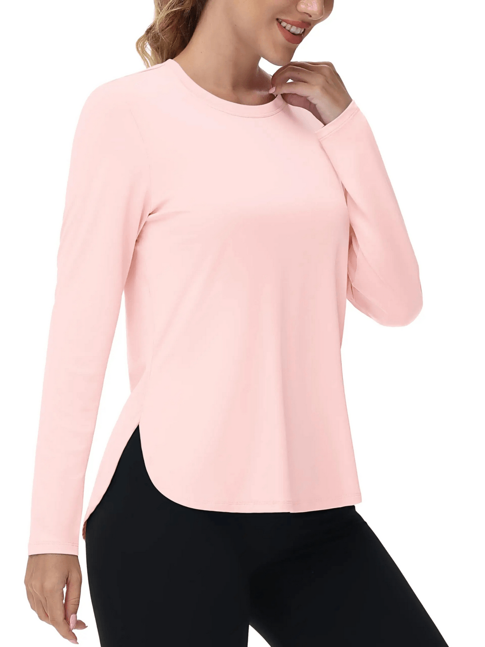 Alt Tag: Women's O-Neck UV Protection Outdoor Running Top - SF4480 pink long sleeve O-neck top with curved hem and side slits