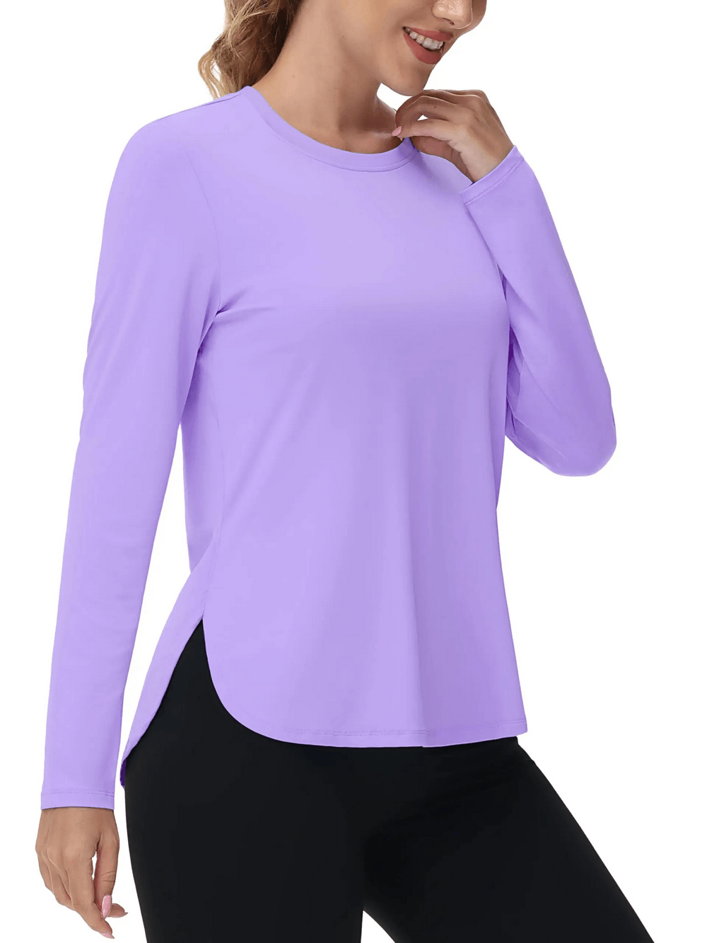 Alt Tag: Women's O-Neck UV Protection Outdoor Running Top - SF4480 lavender long-sleeve O-neck with curved hem and side slits