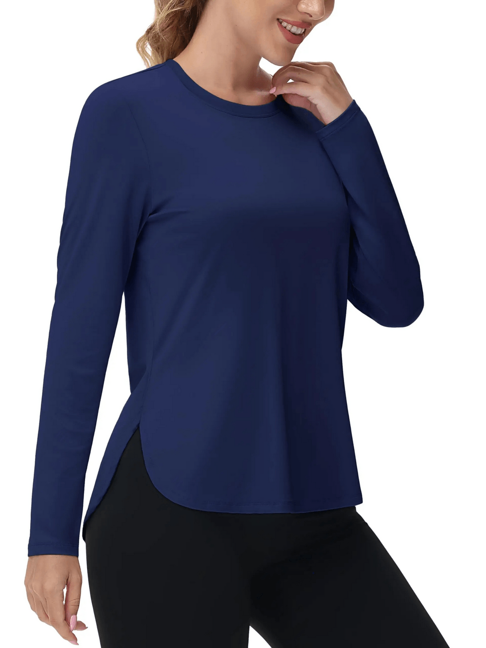 Alt Tag: Women's O-Neck UV Protection Outdoor Running Top - SF4480 navy long-sleeve O-neck athletic top with side slits