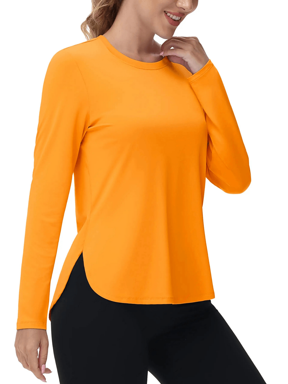 Alt Tag: Women's O-Neck UV Protection Outdoor Running Top - SF4480 orange long-sleeve O-neck athletic shirt with side slits