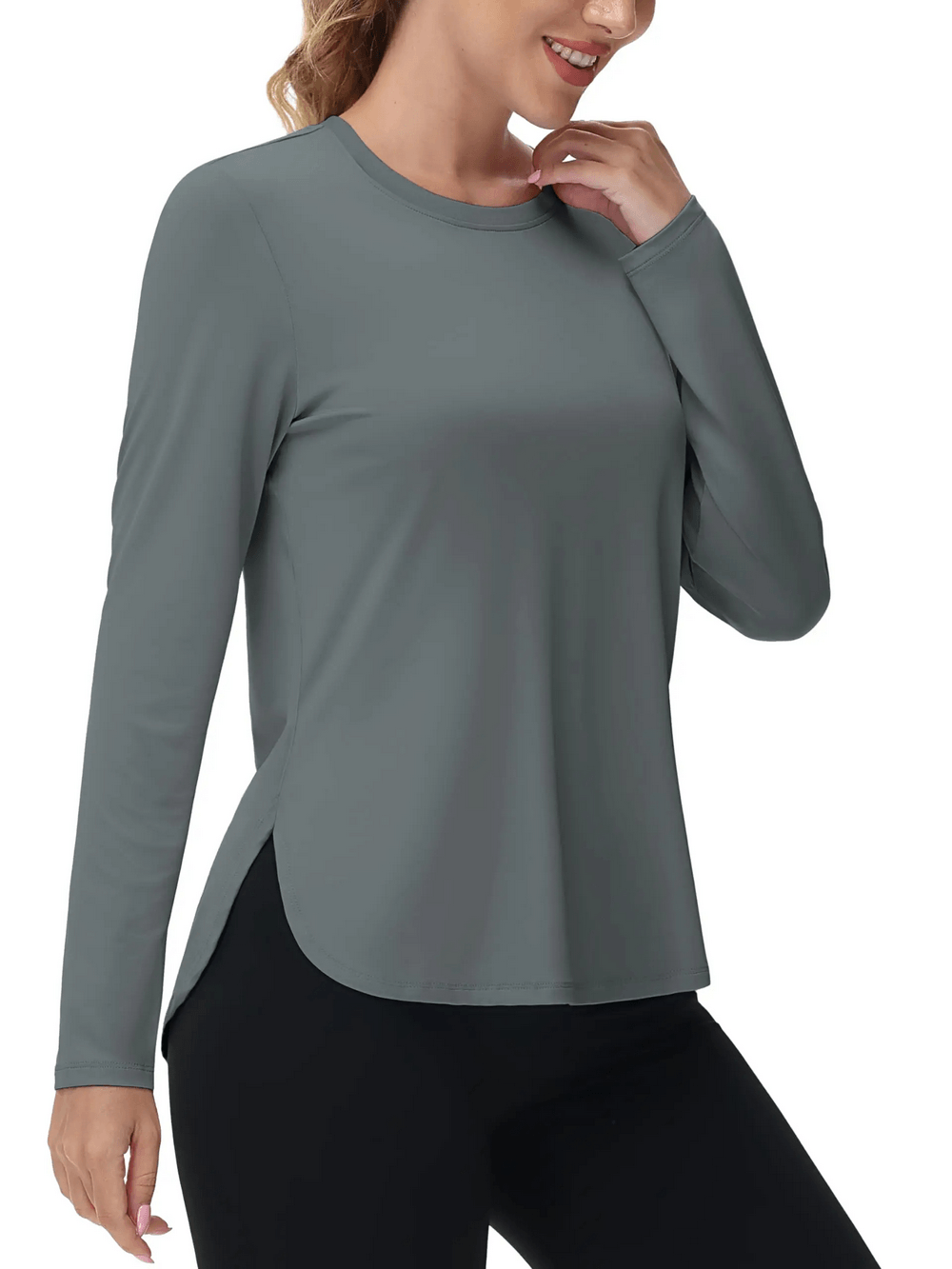 Alt Tag: Women's O-Neck UV Protection Outdoor Running Top - SF4480 long sleeve O-neck hiking running top with curved hem and side slits