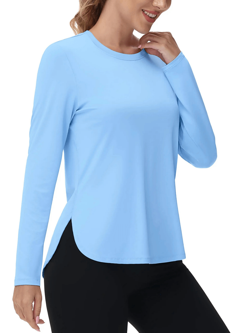 Alt Tag: Women's O-Neck UV Protection Outdoor Running Top - SF4480 light blue long sleeve O-neck with curved hem and side slits