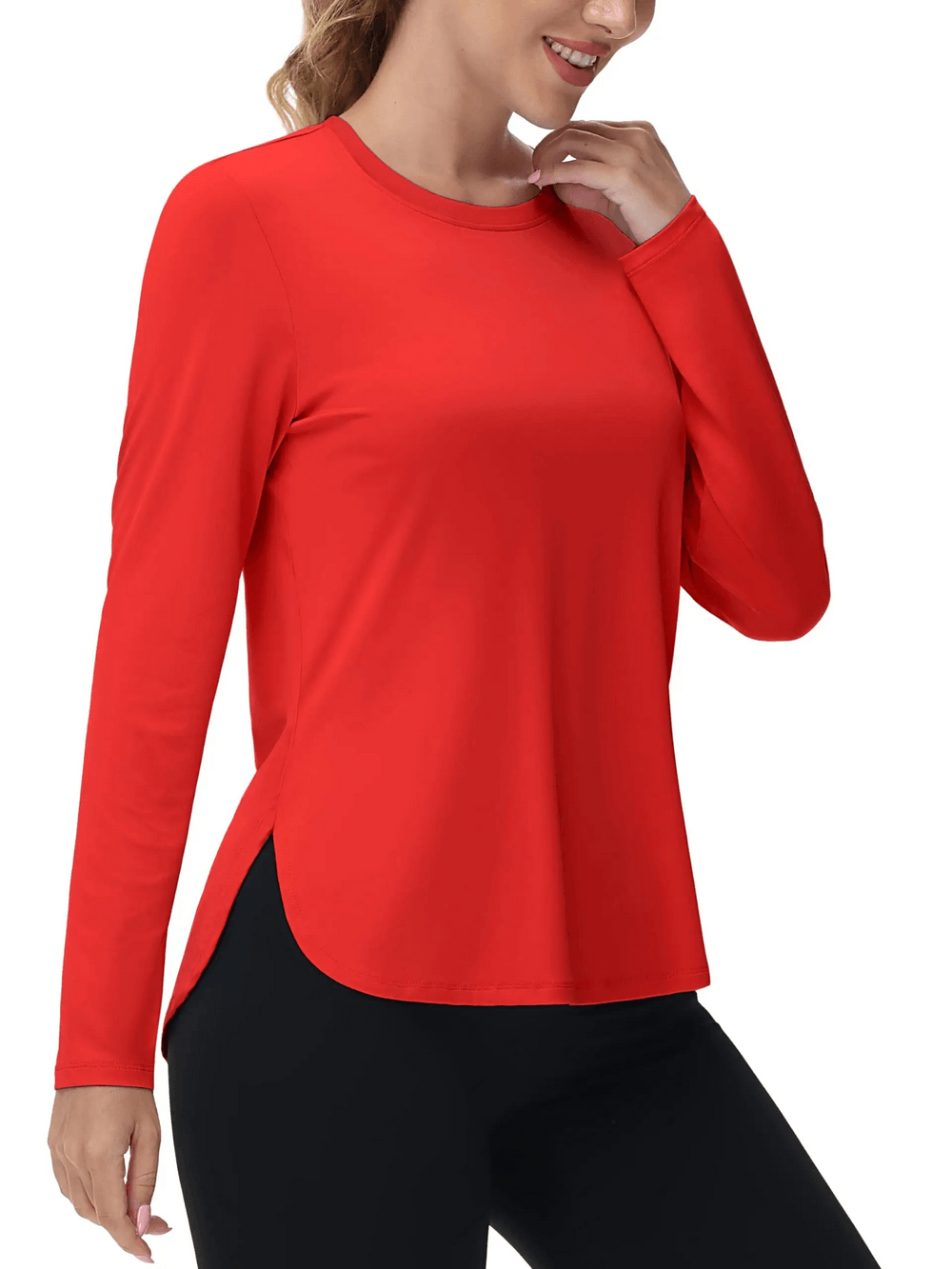 Alt Tag: Women's O-Neck UV Protection Outdoor Running Top - SF4480 red long-sleeve O-neck top with side slits for hiking & running