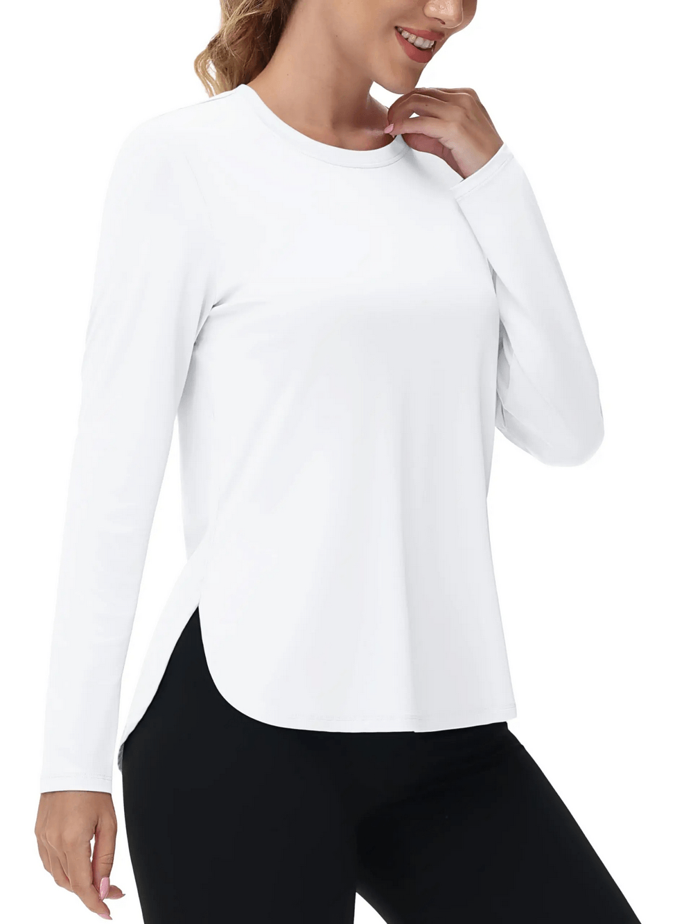 Alt Tag: Women's O-Neck UV Protection Outdoor Running Top - SF4480 white long sleeve O-neck athletic shirt with side slits