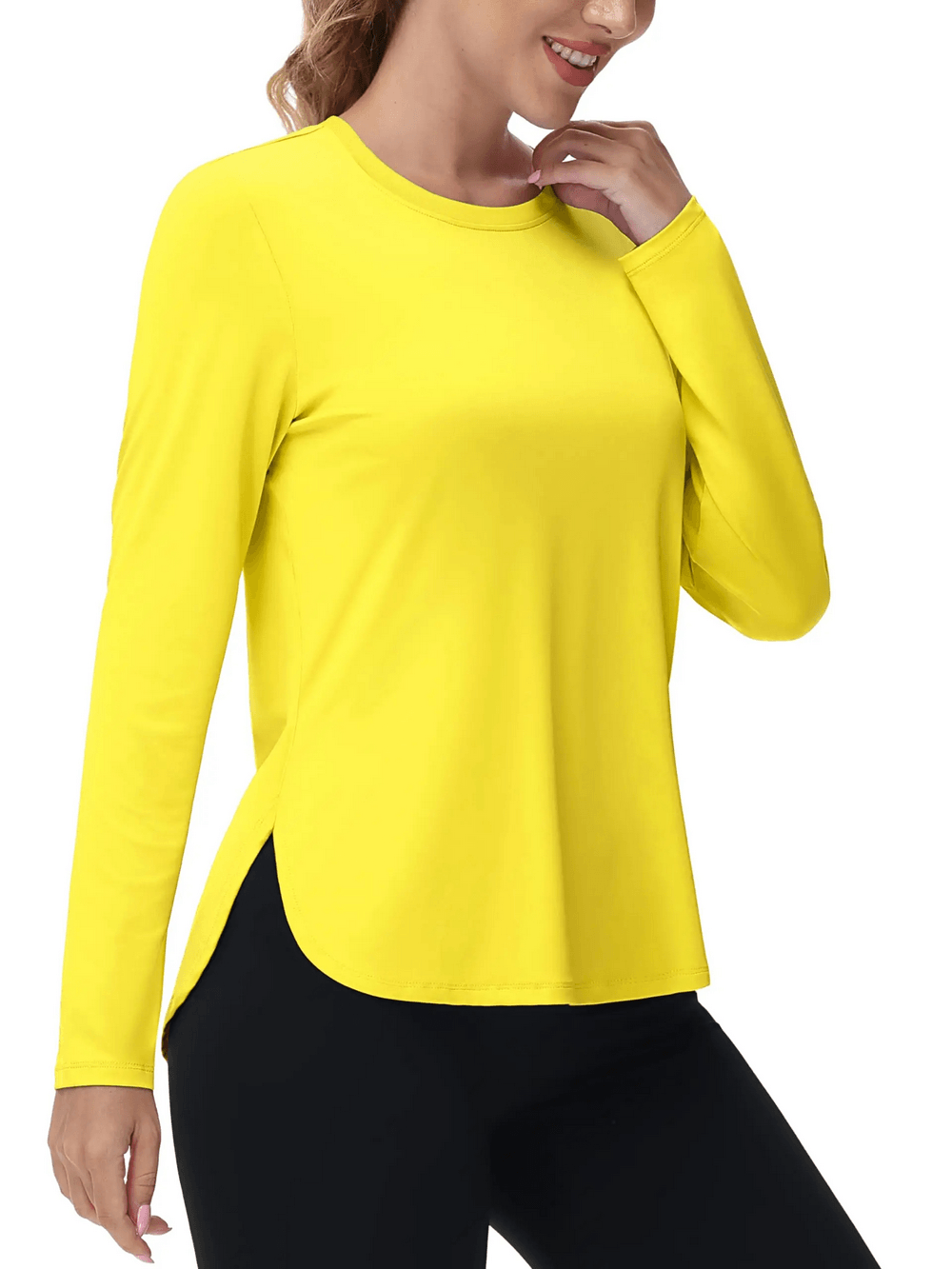 Alt Tag: Women's O-Neck UV Protection Outdoor Running Top - SF4480 bright yellow long sleeve O-neck with curved hem for hiking and running