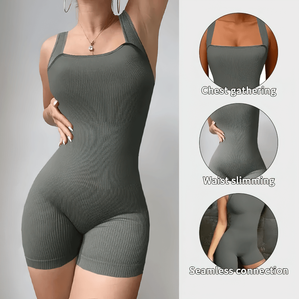 Alt Tag: Women's One Piece Tank Gym Exercise Jumpsuit - SF4306 ribbed sleeveless yoga romper, waist-slimming seamless fitted workout jumpsuit