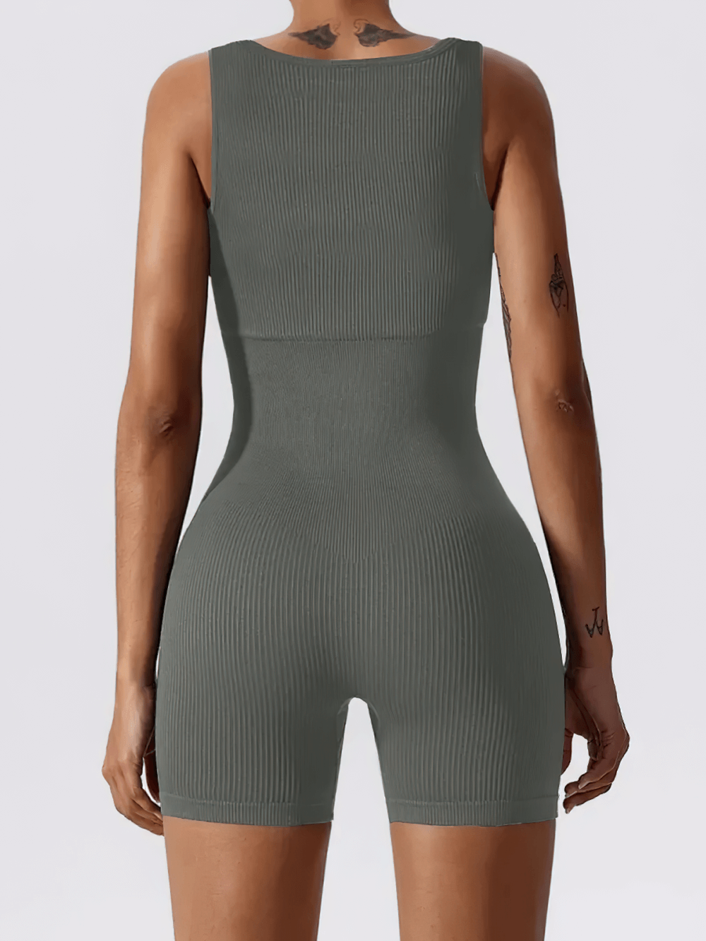 Alt Tag: Women's One Piece Tank Gym Exercise Jumpsuit - SF4306 ribbed sleeveless yoga romper, sculpted fit, back view in green