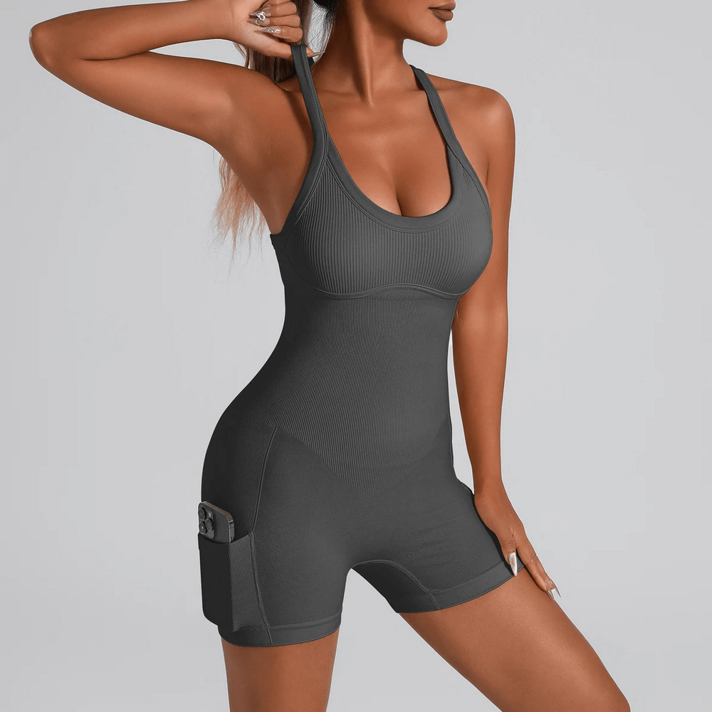 Alt Tag: Women's One Piece Workout Unitard with Side Pocket - SF4299 ribbed racerback yoga bodysuit with built-in bra shorts and phone pocket