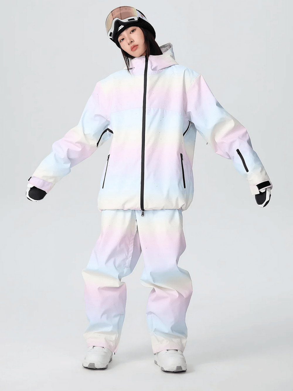 Stylish woman wearing a pastel snowboard outfit, perfect for trendy slopes. SF2470 features waterproof, breathable jacket and matching pants.