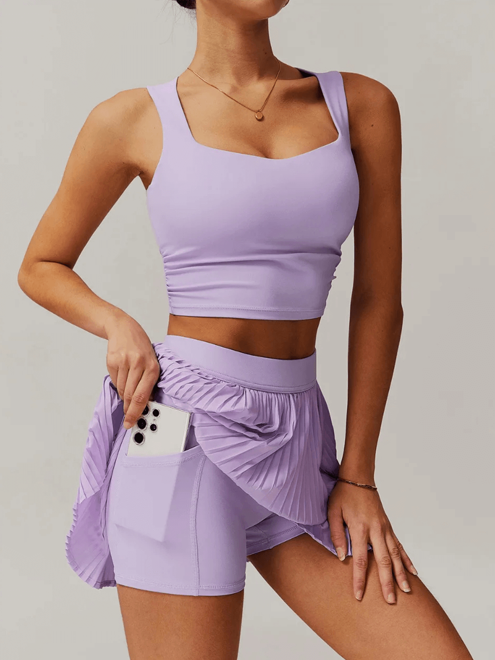 Alt Tag: Women's Pleated Skort and Crop Top Tennis Set - SF4363 lavender crop top with pleated skort, built-in shorts and phone pocket
