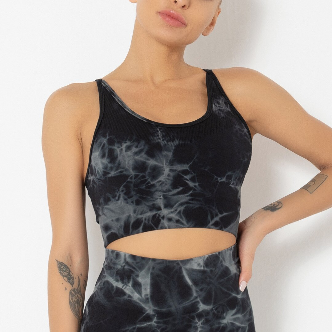 Stylish women's printed sports bra made of breathable nylon, perfect for yoga and activewear, shown on model. SF1391 design.