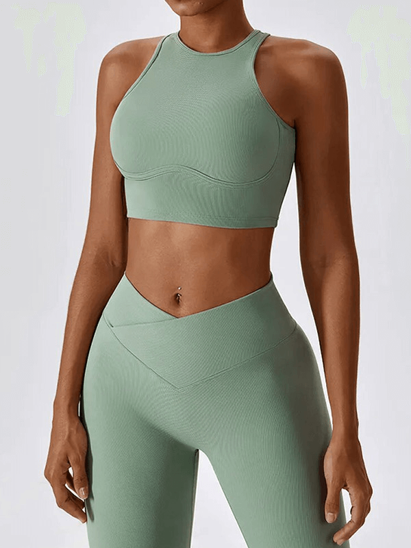 Women's push-up sports bra and ribbed cross leggings in green, ideal for active lifestyles with breathable, quick-dry fabric - SF1722
