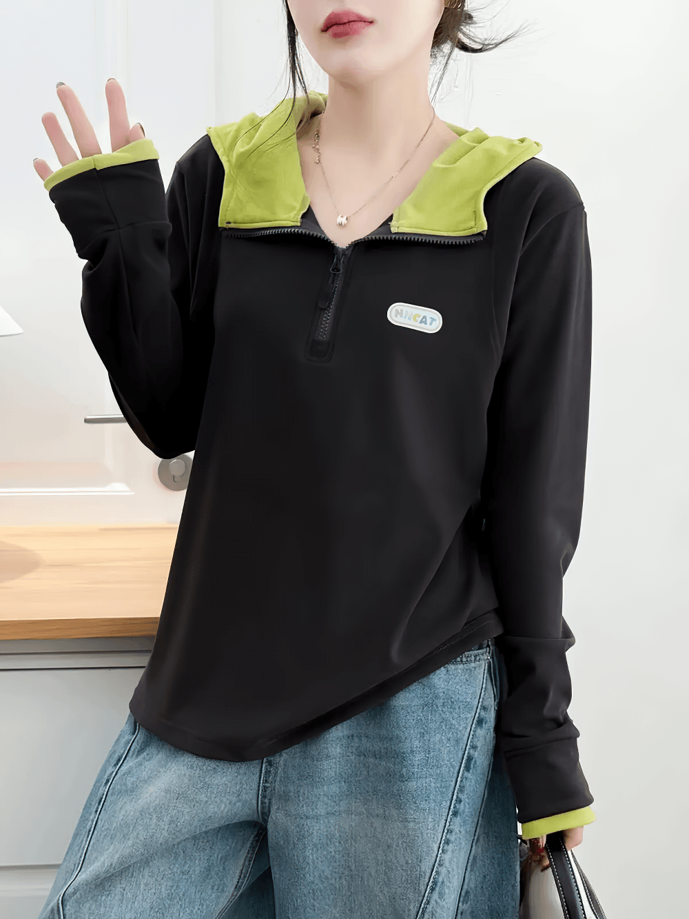 Alt Tag: Women's Quarter Zip Hooded Sport Hoodie - SF4536 black hoodie with lime trim, long sleeves, casual sporty pullover