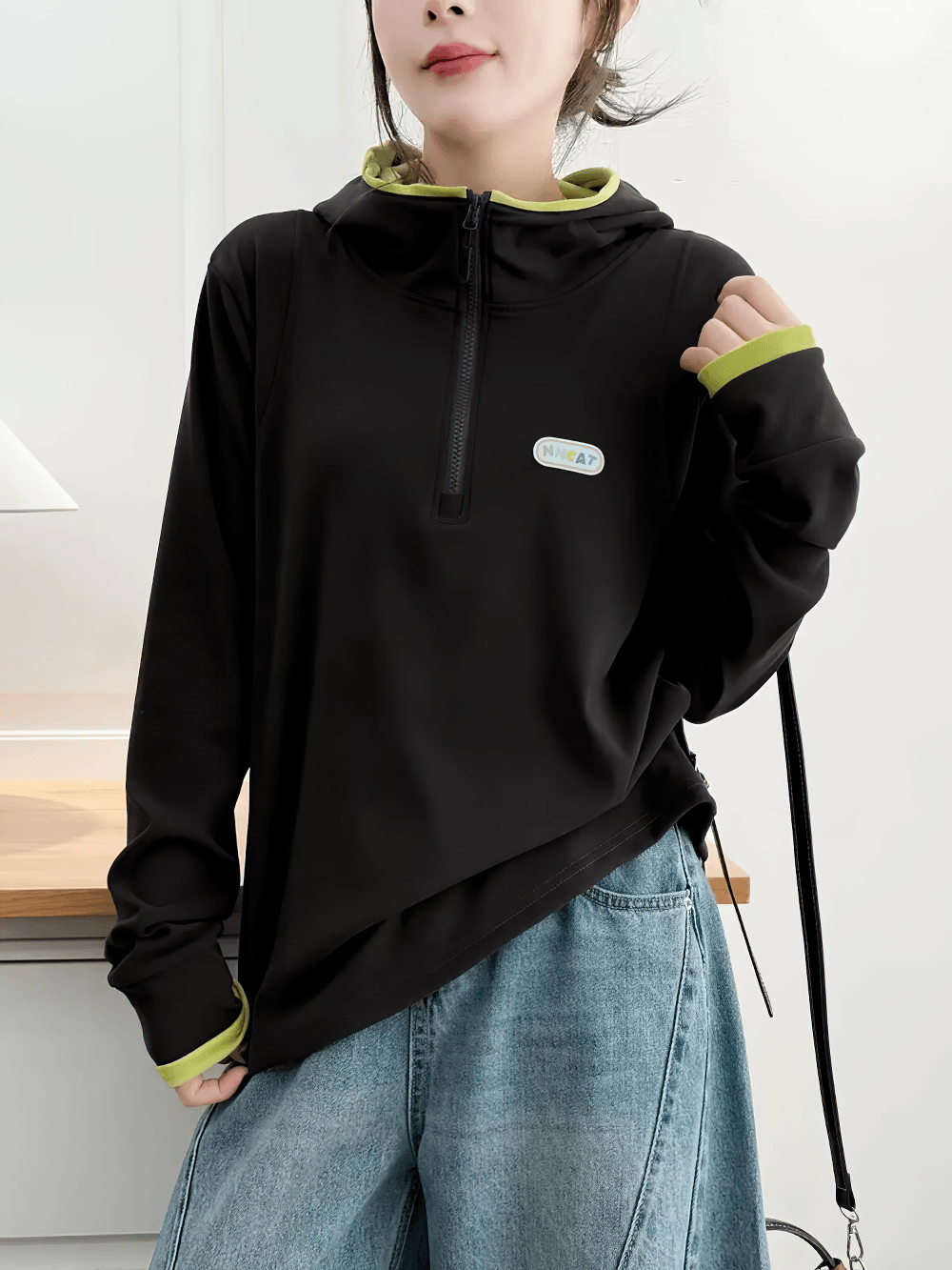 Alt Tag: Women's Quarter Zip Hooded Sport Hoodie - SF4536 black long sleeve hoodie with yellow trim, quarter zip pullover casual sporty fit