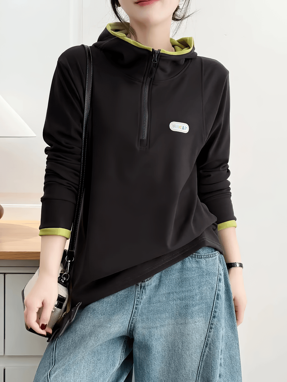 Alt Tag: Women's Quarter Zip Hooded Sport Hoodie - SF4536 black long sleeve quarter-zip hoodie with contrast trim, casual sporty pullover