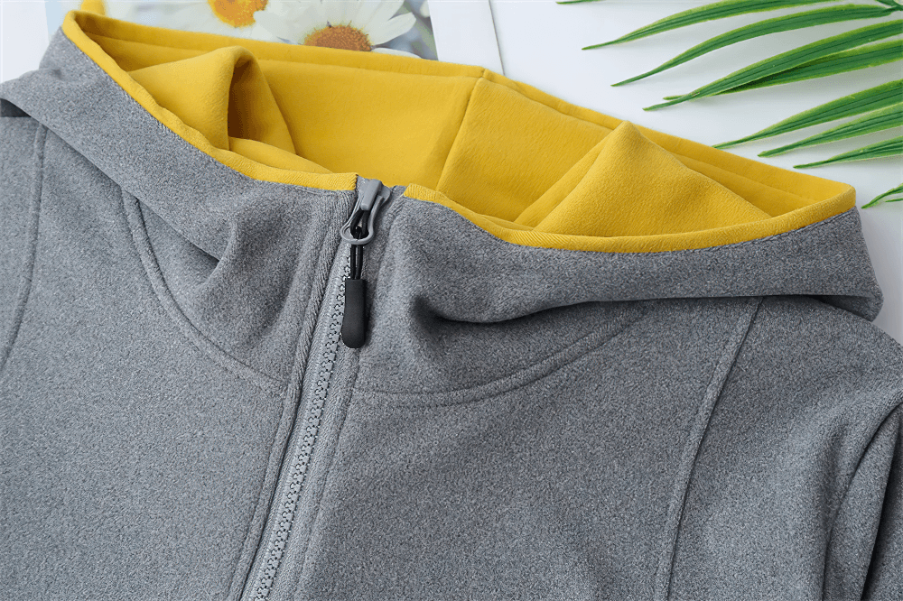 Alt Tag: Women's Quarter Zip Hooded Sport Hoodie - SF4536 grey quarter-zip hoodie with yellow hood lining, sporty long-sleeve pullover