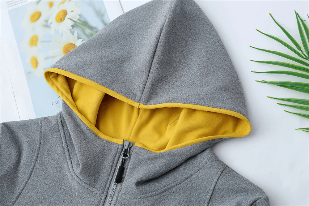 Alt Tag: Women's Quarter Zip Hooded Sport Hoodie - SF4536 grey hoodie with yellow contrast trim, quarter zip hood detail