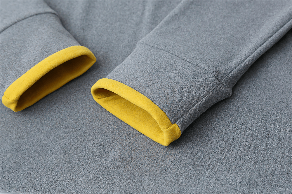 Alt Tag: Women's Quarter Zip Hooded Sport Hoodie - SF4536 grey long sleeve hoodie with yellow contrast trim cuff close-up