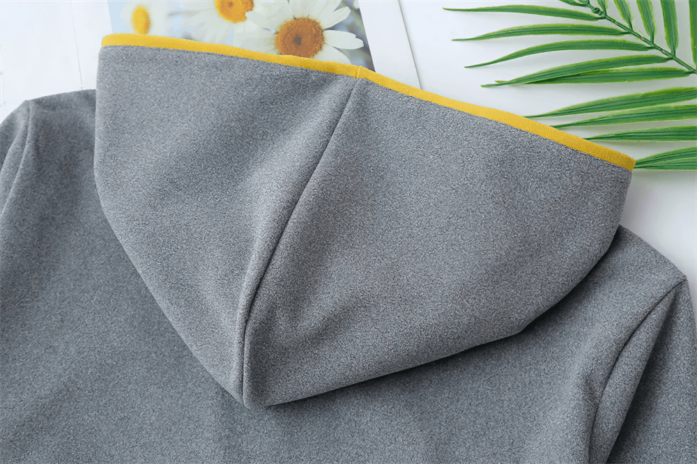 Alt Tag: Women's Quarter Zip Hooded Sport Hoodie - SF4536 grey hood with yellow trim, long sleeve sporty pullover detail