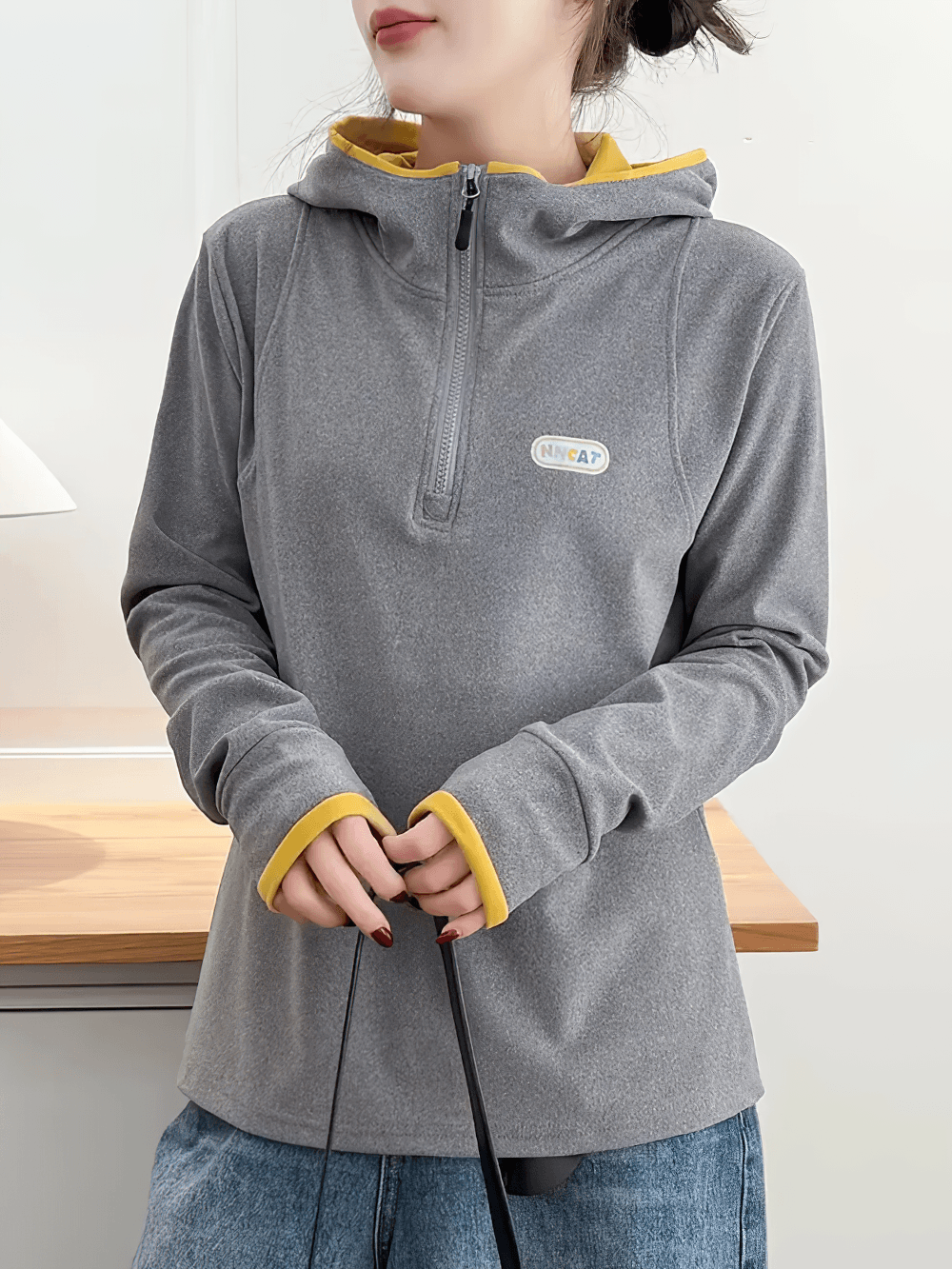 Alt Tag: Women's Quarter Zip Hooded Sport Hoodie - SF4536 grey long sleeve pullover with yellow trim, quarter-zip neck, casual sporty fit