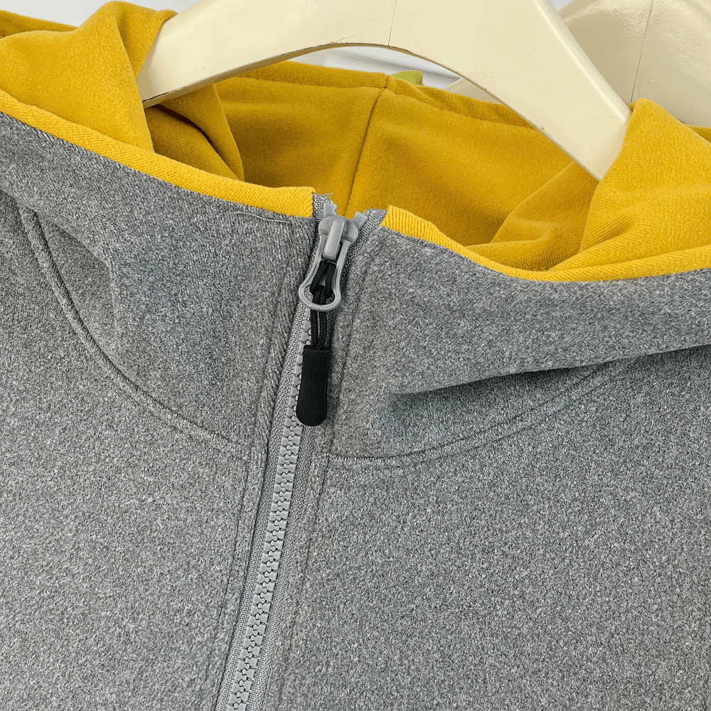 Alt Tag: Women's Quarter Zip Hooded Sport Hoodie - SF4536 grey hoodie close-up with yellow hood lining and quarter zip detail